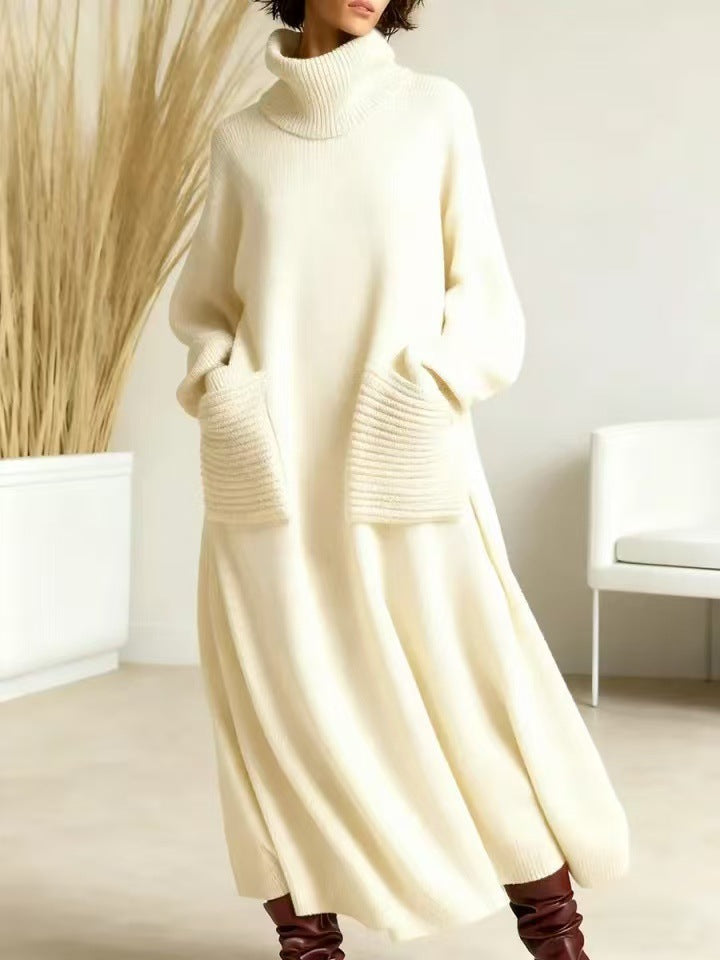 Freya™ – High-Neck Long-Sleeve Woolen Knit Dress
