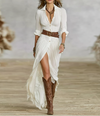 Aurora | Long Linen Dress with Reversed Collar