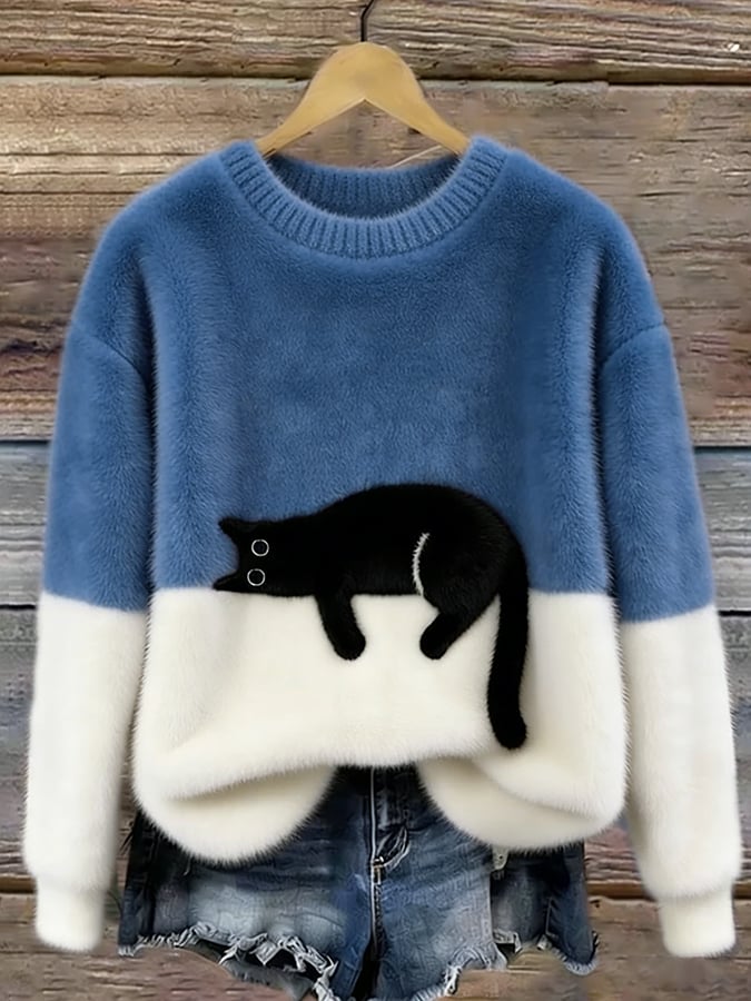 Aileen Elegant Cat Print Oversized Sweater