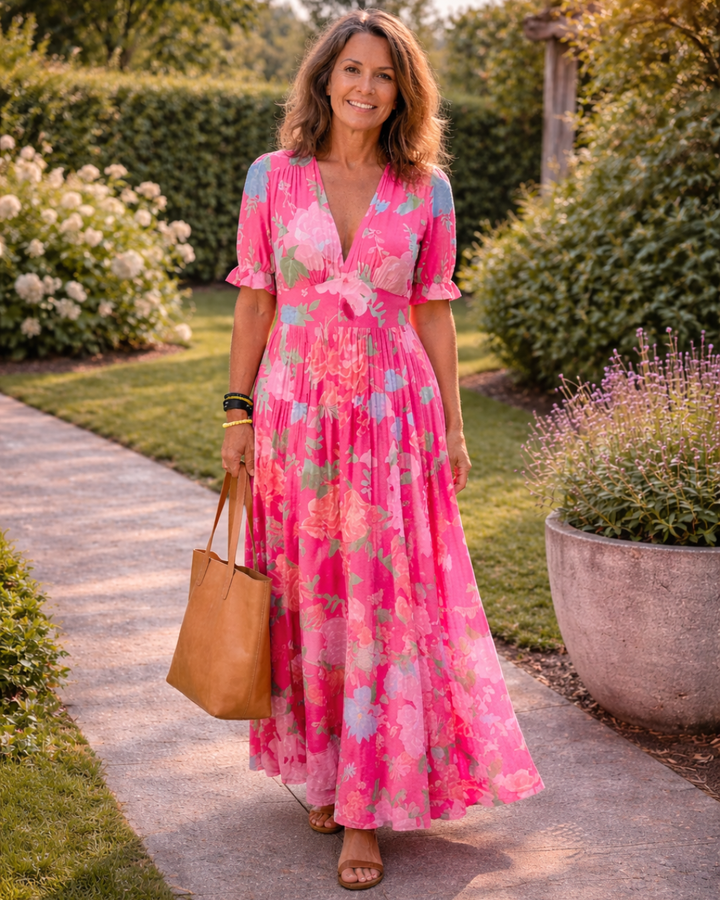 Ione | Sleeveless Floral Midi Dress with V-Neckline
