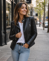 Faux Leather Biker Jacket with Zip Details for Women