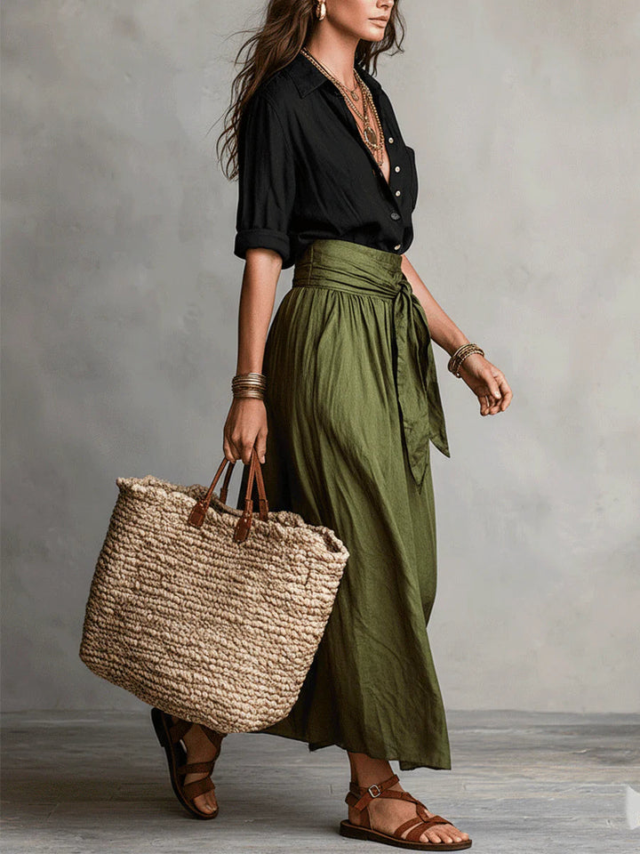 RIVER™ Two-Piece Set: Black Top and Olive Green Midi Skirt