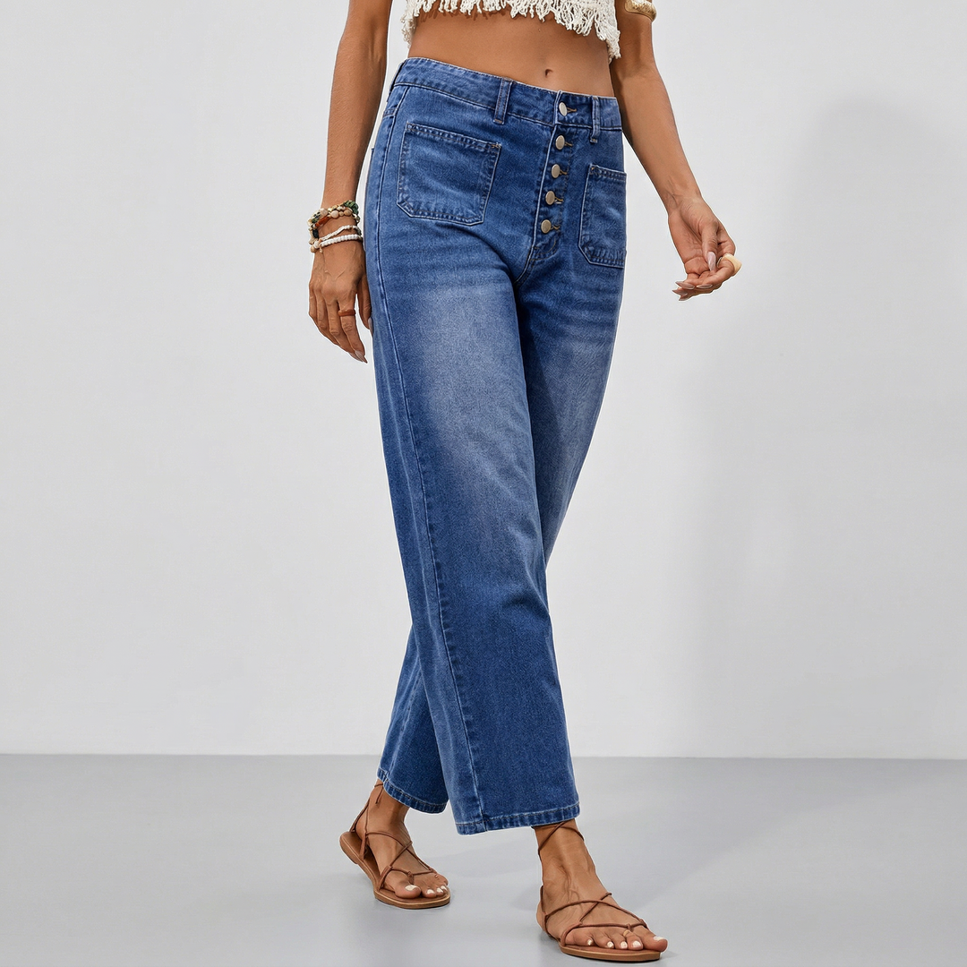 Women's Button Elastic Wide Leg Cropped Jeans | Relaxed Denim