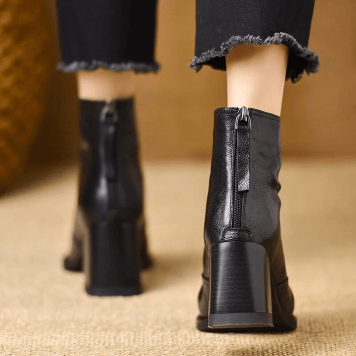 Claudia Luxe Mid-Heel Leather Ankle Boots